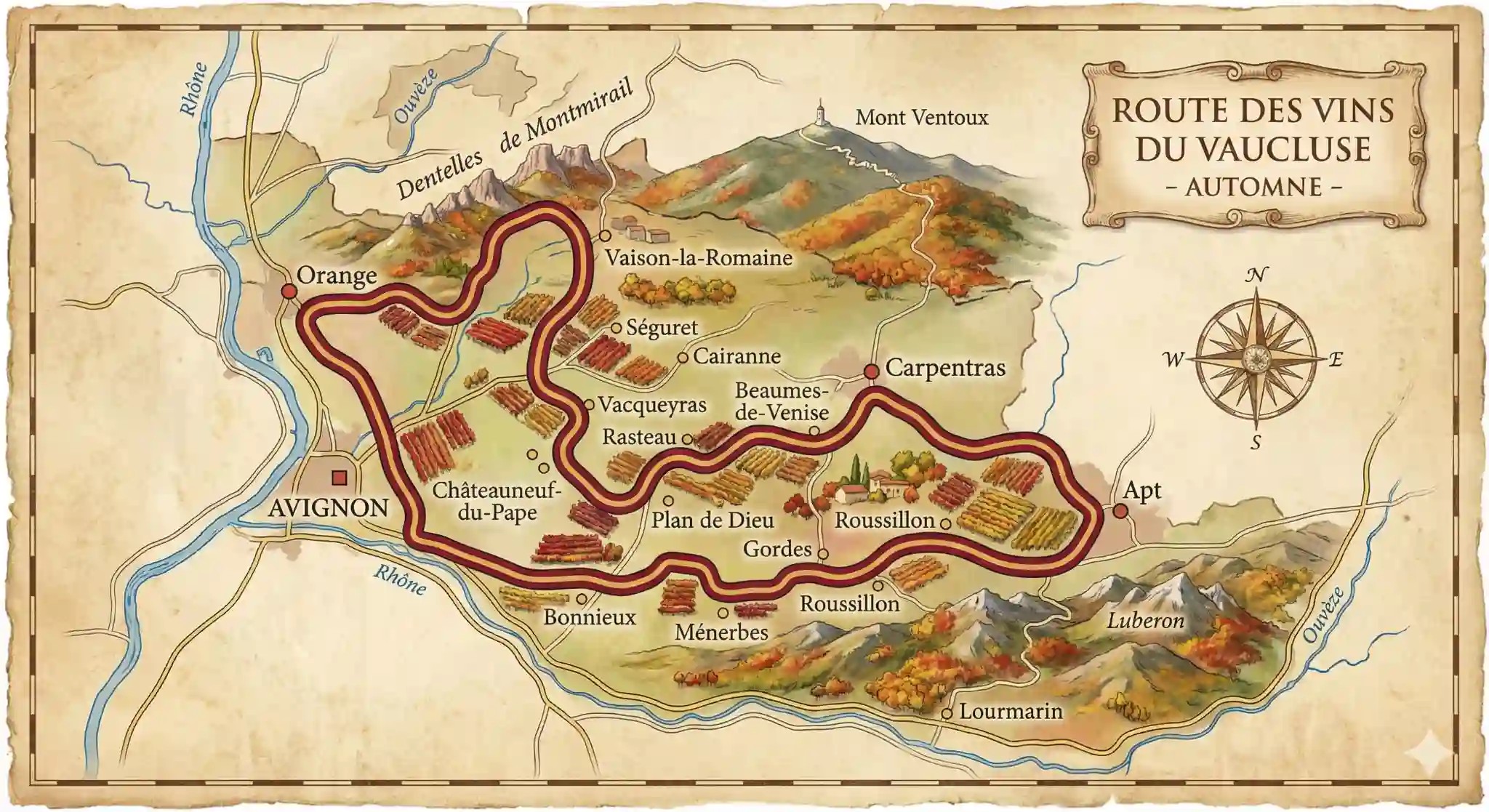illustration de la carte de la route des vins du Vaucluse